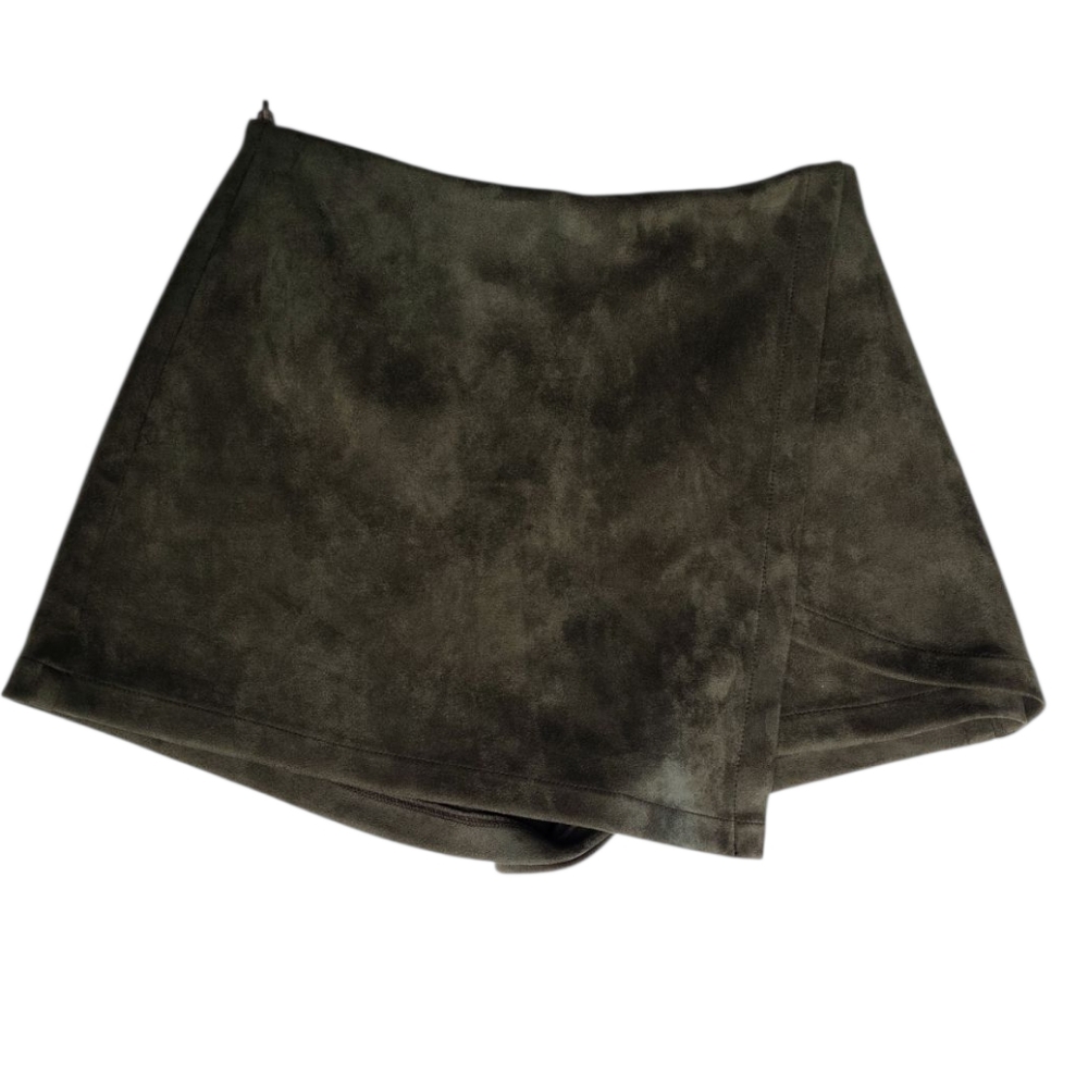 LUXXEL Faux Suede Velvet Preppy Mini Skirt Skort Shorts Olive Green Sz Medium